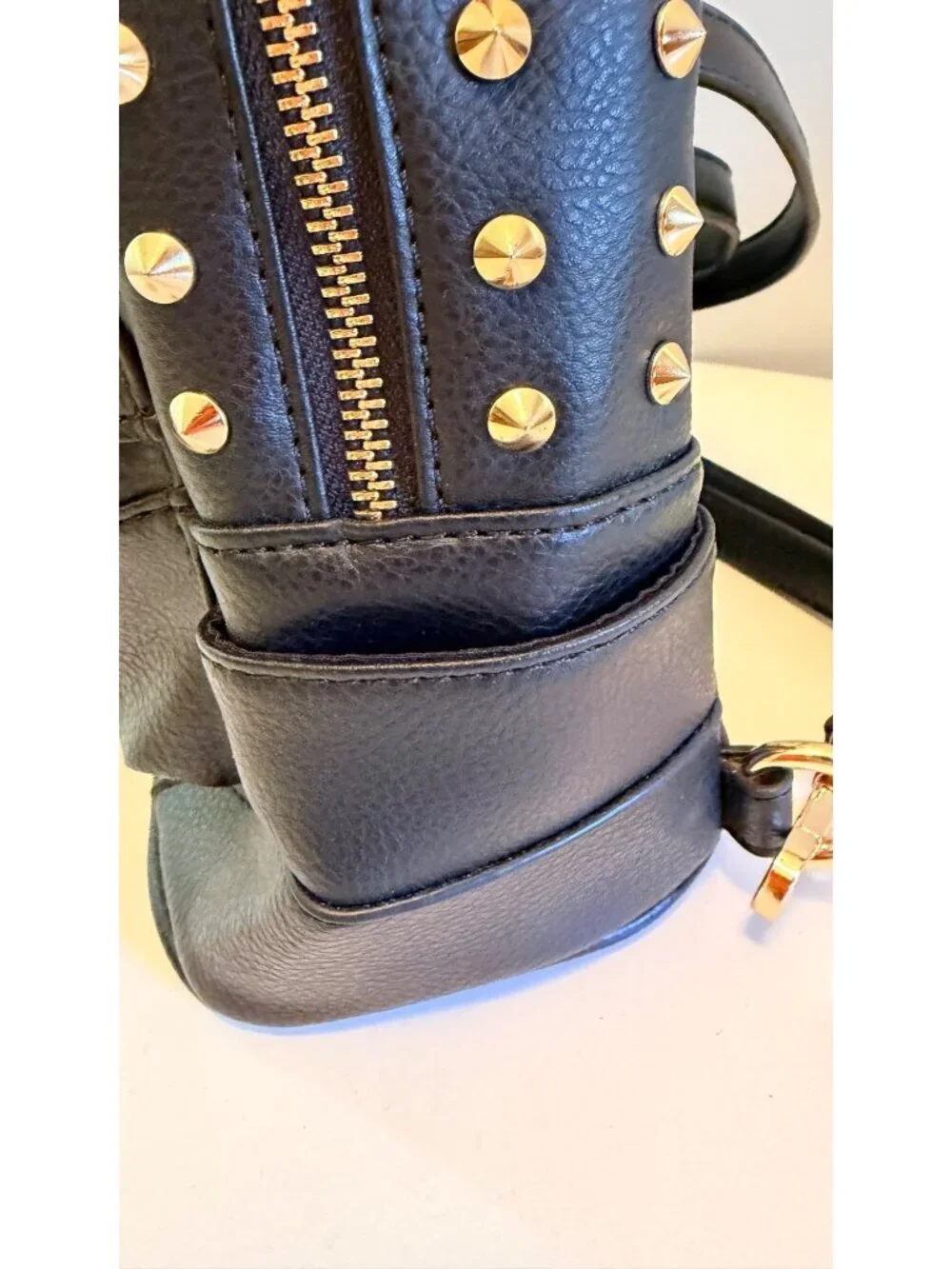 Bebe Black Mini Backpack Purse With Gold Studs & Tassel Accent